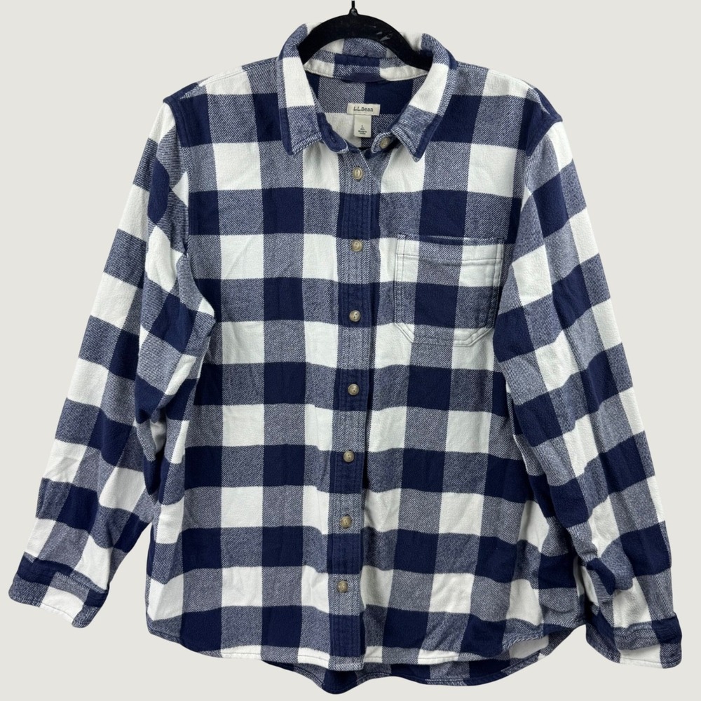 L.L.Bean Flannel Shirt Women Large Navy Blue Buffalo Check Organic Cotton 506162